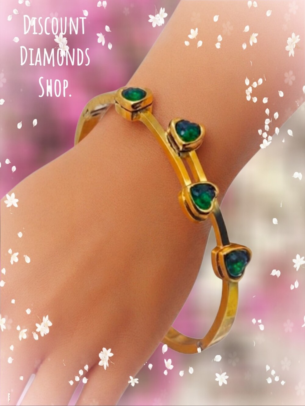 18K Yellow Gold Plated Titanium Bangle Bracelet with 4 Green Heart Gemstones